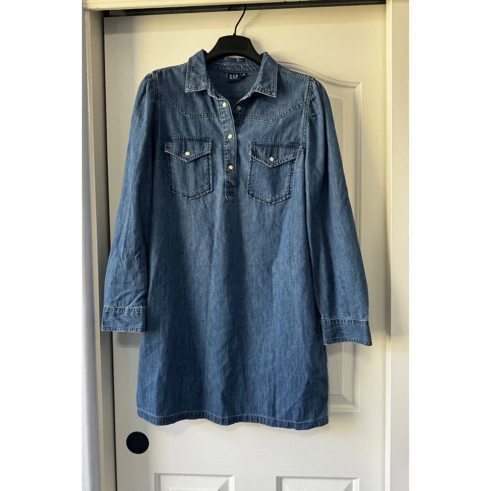 Gap Women Denim Shirt Dress Medium Wash Western Cotton Long Sleeve M Pockets